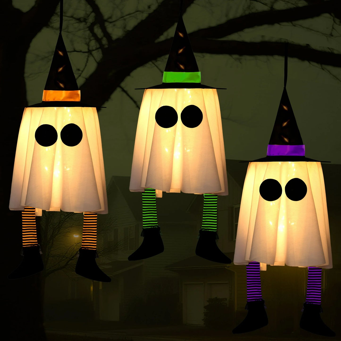 Joyfy 3Pcs 23.6" Halloween Decorations Outdoor Hanging Lighted Glowing Ghost Witch Hat Decor with Lights String for Party Indoor Outside Ornaments and Yard Tree Garden