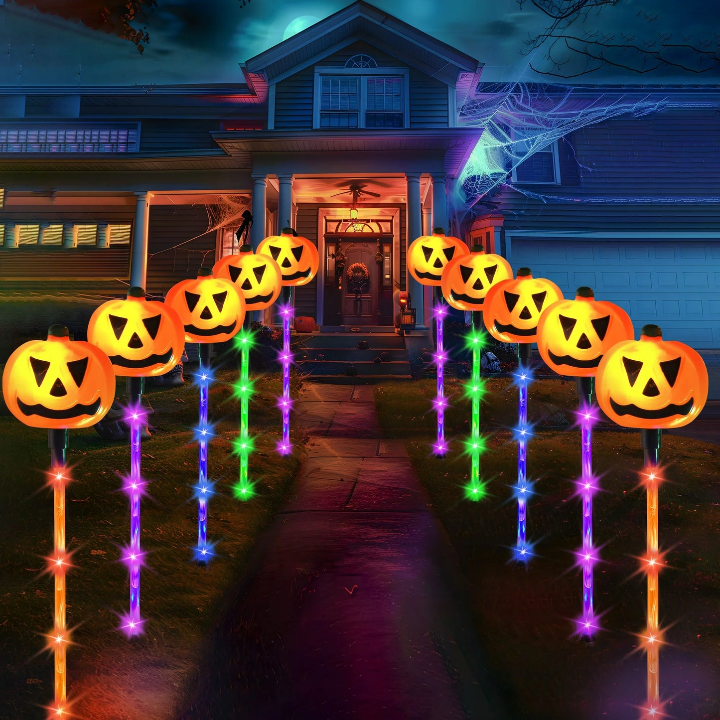 Joyfy 10 Pack Halloween Decorations Lighted Pumpkin Pathway Lights Stakes,Outdoor Jack-O-Lantern Waterproof Decorations,Scary Halloween Party Props Outdoor Yard Decor