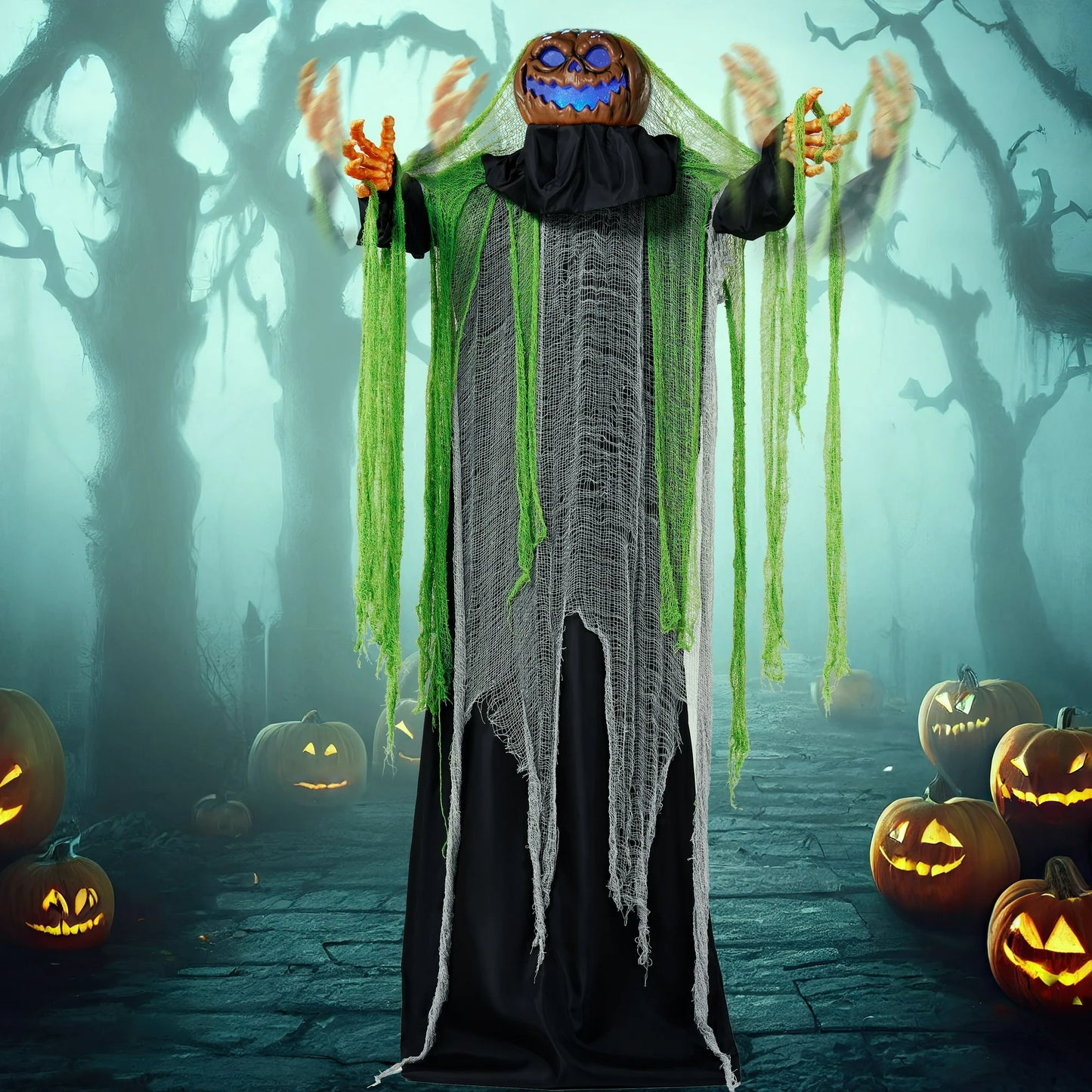 Joyfy Halloween Decorations Outdoor,67 Light Up Animated Scary Decorations Pumpkin Ghost with Sound Activation,Animatronics Pumpkin Decorations for Haunted House Prop Yard Decor