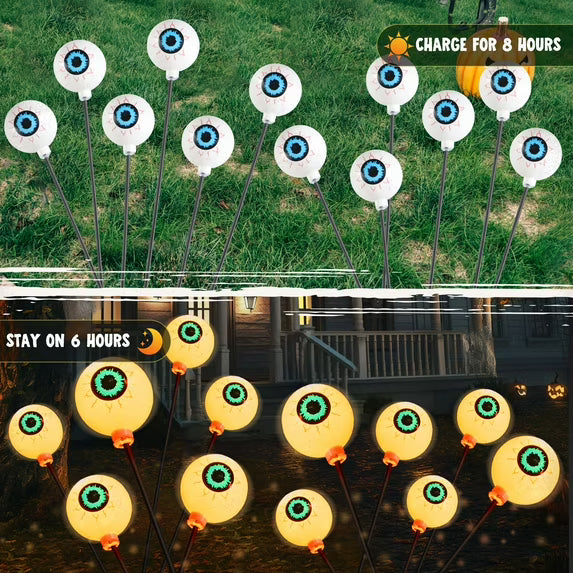 Joyfy 2 Pack Halloween Decorations Outdoor Solar Scary Eyeball Lights,Green Eyeball Swaying Firefly Lights,Waterproof Solar Halloween Path Lights for Yard Garden Lawn Decor