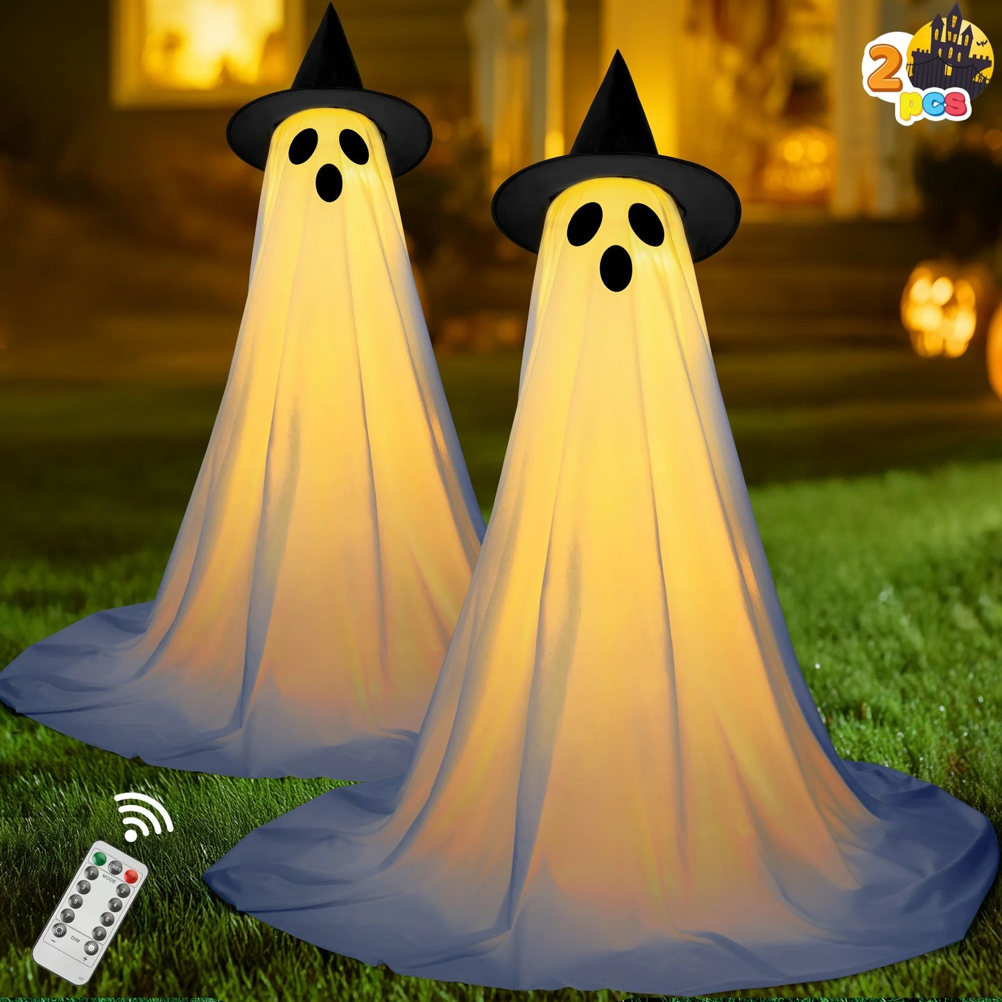 Joyfy 2 Packs Halloween Decorations Outdoor,Light Up Halloween Spooky Standing Ghost with Witch Hat,Scary Ghosts Decor with LED Lights for Front Porche Yard Garden Home