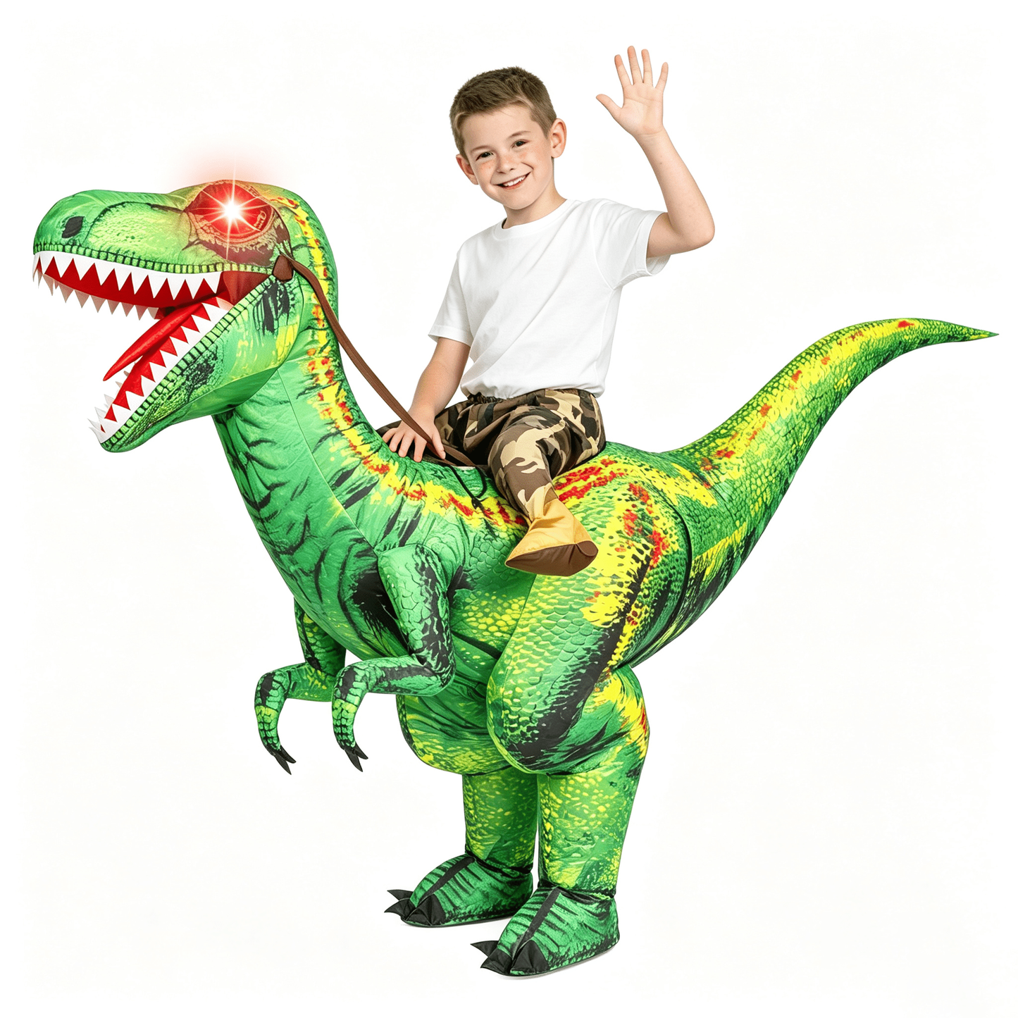 Joyfy Kids Inflatable Dinosaur Costume with LED Light Up Eyes, Blow Up Ride-On Green Raptor Costume for Halloween Party, Cosplay and Themed Dress Up