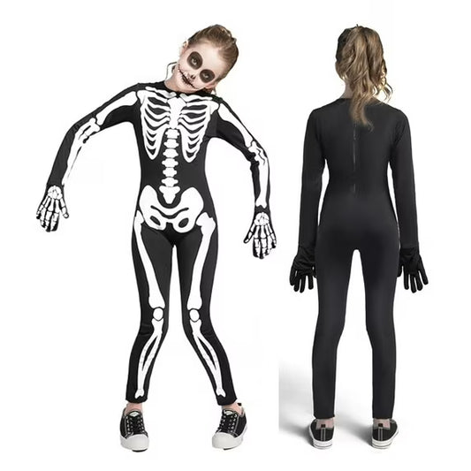 Joyfy Halloween Kids Skeleton Costume, Unisex Glow in the Dark Skeleton Jumpsuit with Gloves for Boys, Girls Halloween Dress Up, Role Play, Cosplay Party