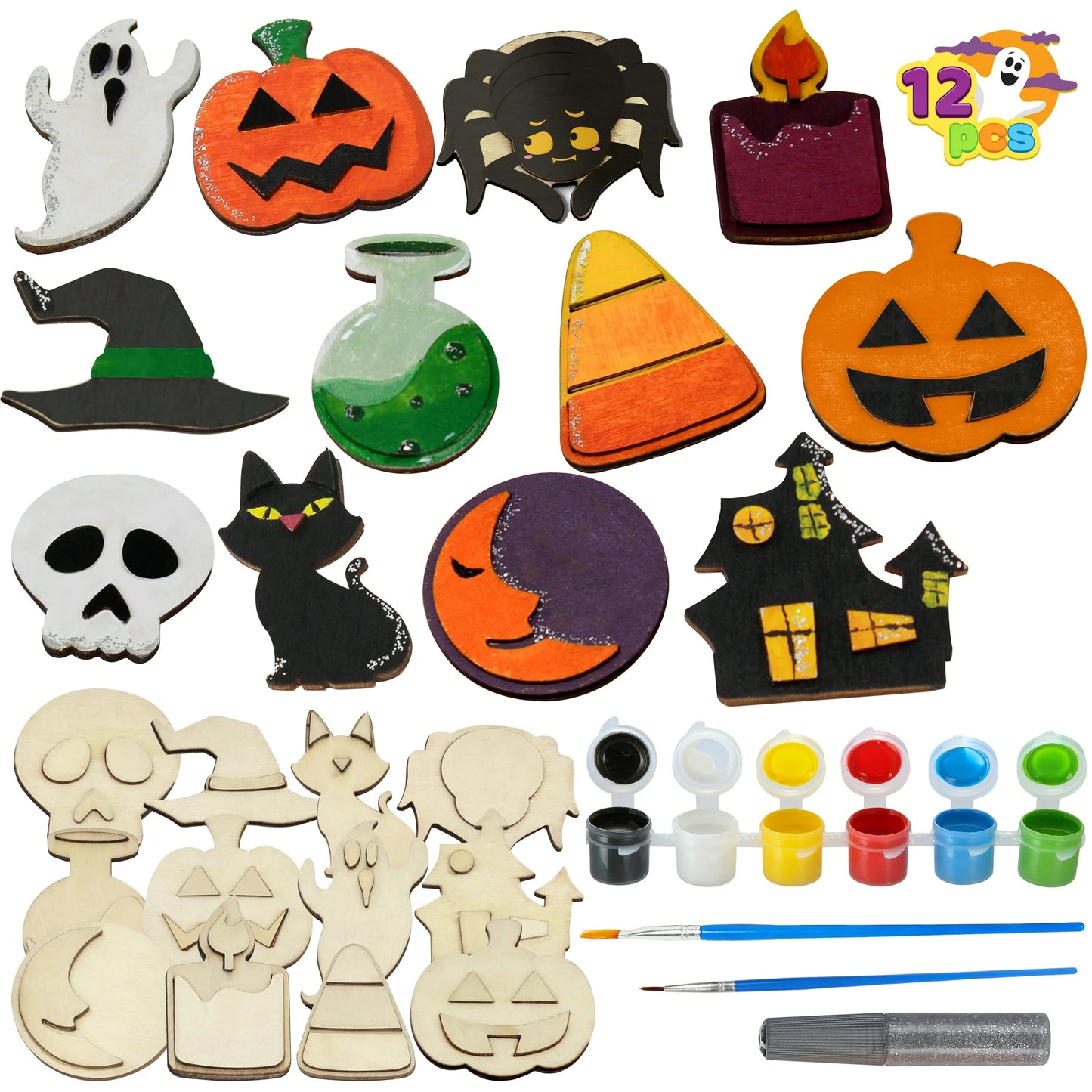Joyfy 12 Pcs Halloween Craft Kit for Kids,DIY Wooden Magnet Creativity Arts Painting Kit,Halloween Painting Kit for Halloween Crafts Party Favor Supplies