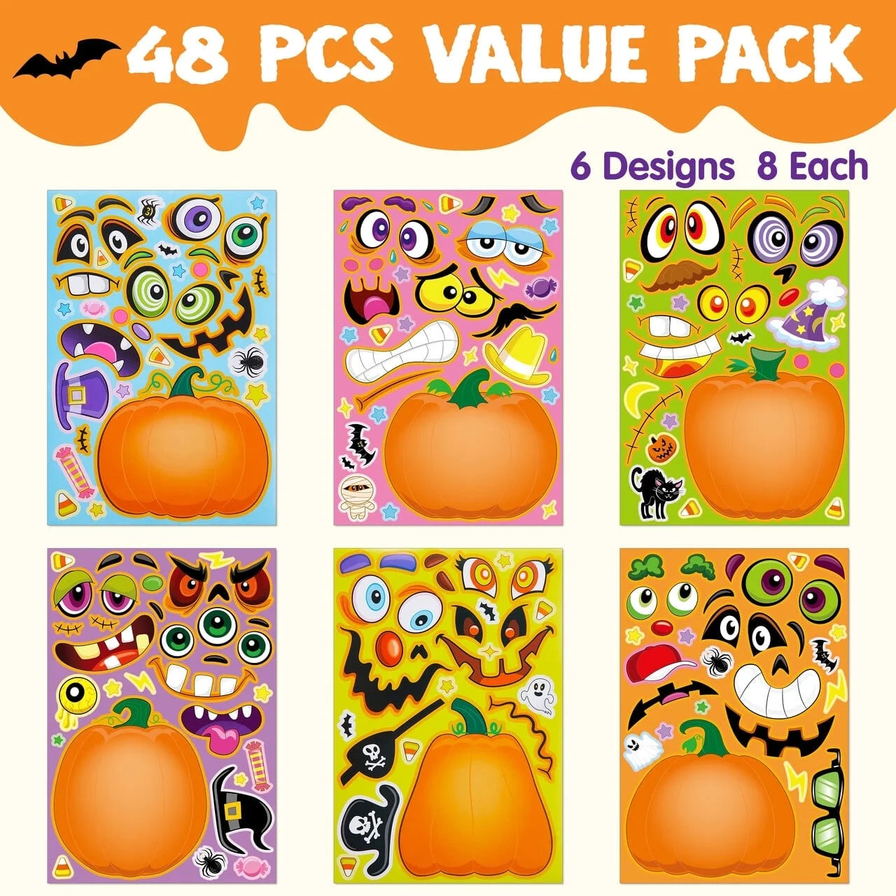 Joyfy 48 Pcs Halloween Pumpkin Stickers for Kids,Pumpkin Decorations Stickers Fall Stickers Party Favors for Kids,Halloween Craft