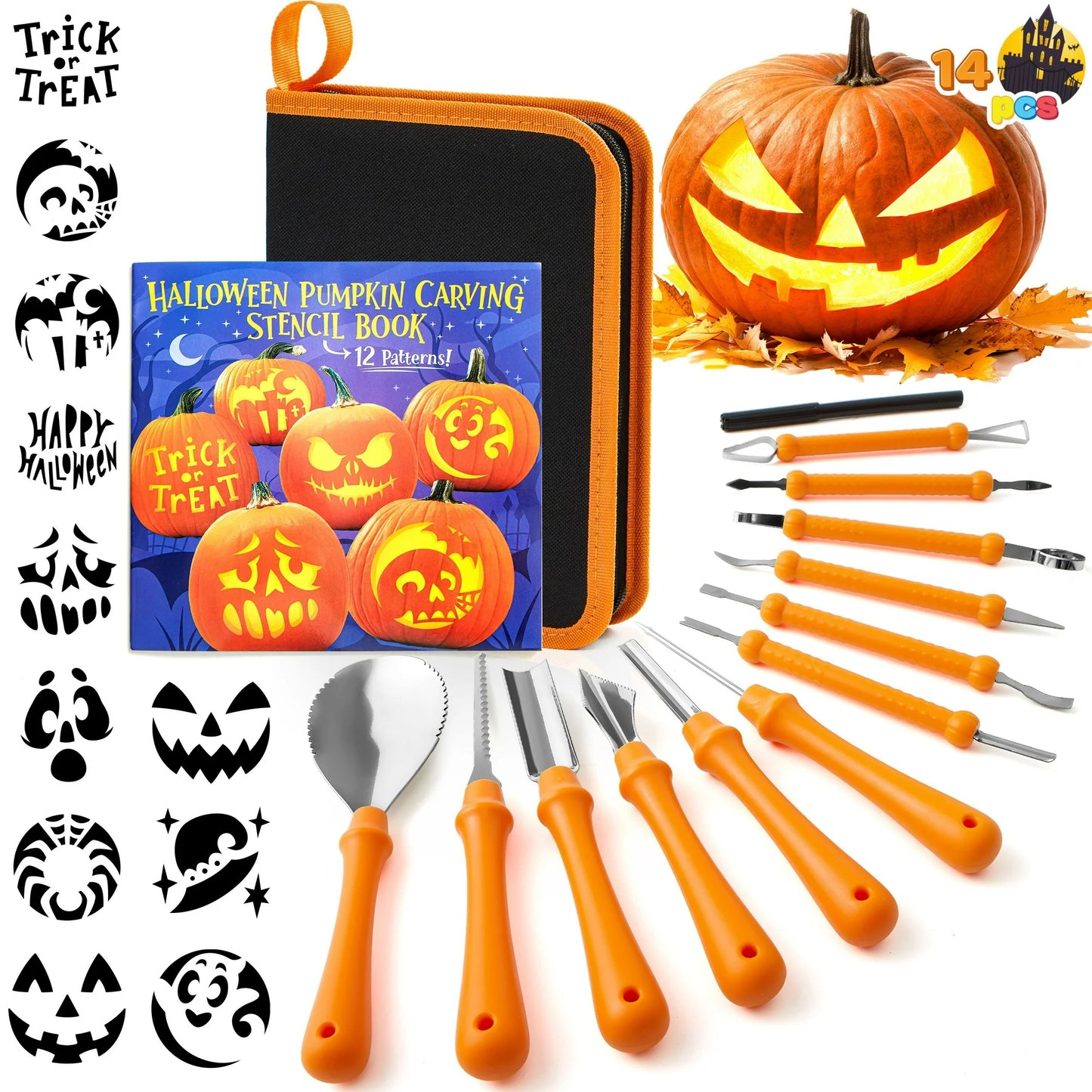 Joyfy 12 Pcs Halloween Pumpkin Decorating Kits,Professional Carving Kit with Handbag,12 Stainless Steel Double-sided Sculpting Tools,Halloween Crafts for Kids