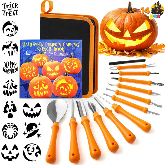 Joyfy 12 Pcs Halloween Pumpkin Decorating Kits,Professional Carving Kit with Handbag,12 Stainless Steel Double-sided Sculpting Tools,Halloween Crafts for Kids