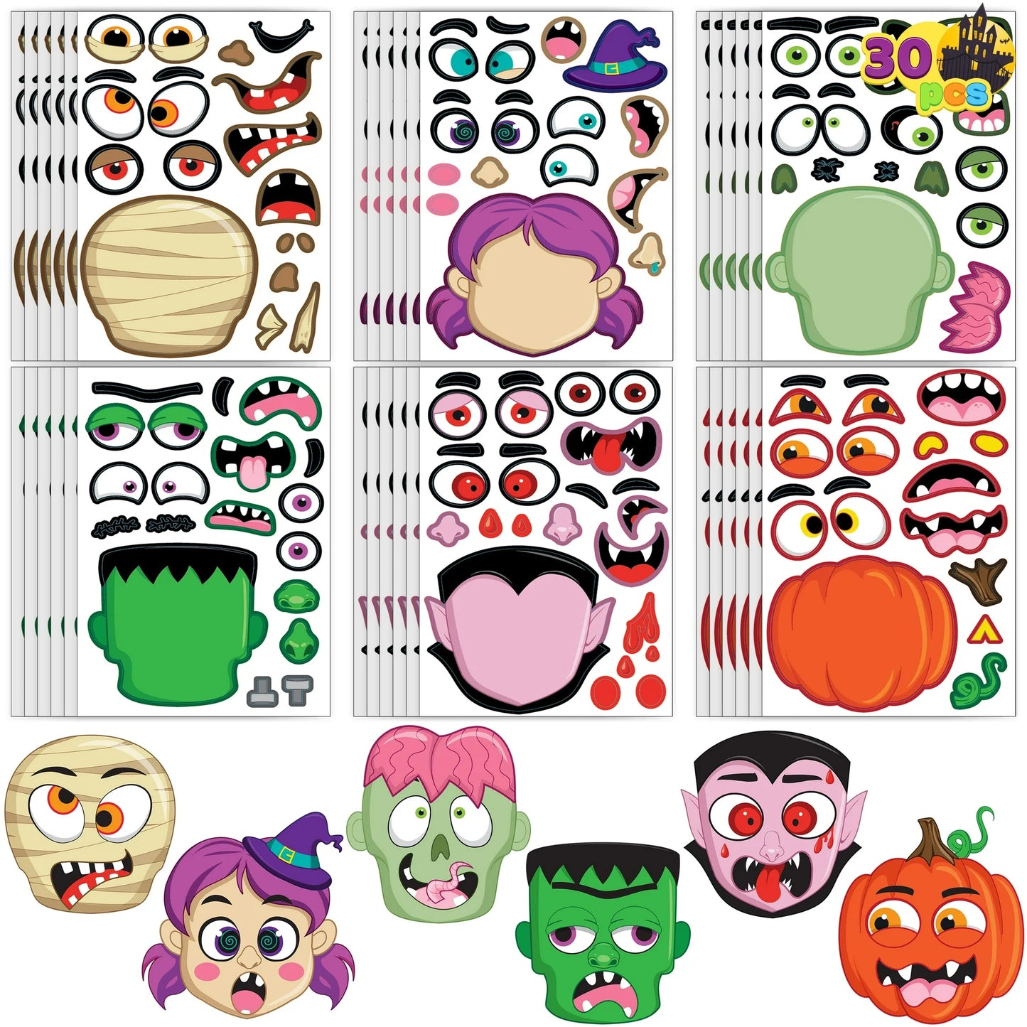 Joyfy 30 Pcs Halloween Stickers Make a Face Halloween Characters Stickers for Kids,Pumpkin Decorations Stickers Fall Stickers Party Favors for Kids,Halloween Craft