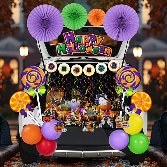 Joyfy Halloween Trunk or Treat Car Decoration Kits,Lollipops Candy Land Balloons for SUV Garage Door Archway Entryway Haunted House Banner Paper Fans