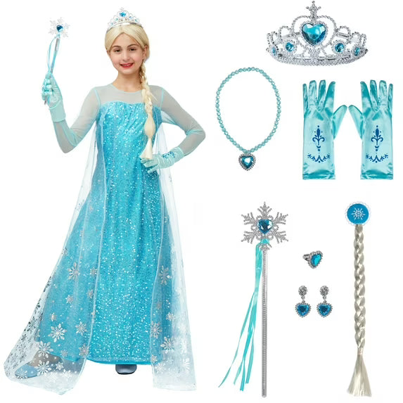 Joyfy Ice Princess Dress for Girls, Snow Princess Costume, Sequin Dress with Cape Cosplay Costume for Kids Halloween Birthday Party Dress up 3-10 Years