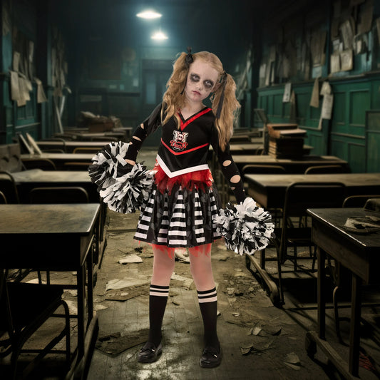 Joyfy Kids Cheerleader Costume, Cheerless Costume for Girls, Scary Cheerleader Costume for Halloween Party Dress Up Age Up to 12 Years