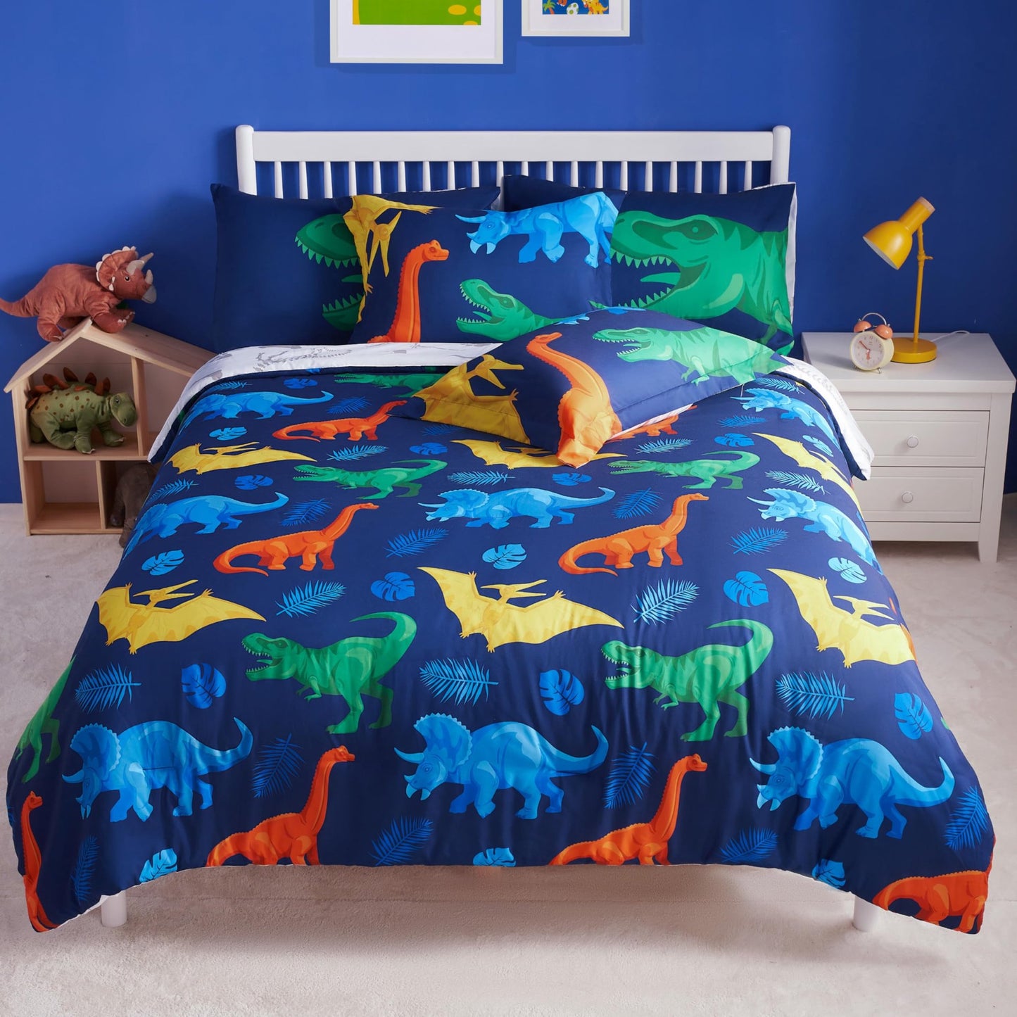 Joyfy Kids Comforter Set Bedding Set for Boys Girls Super Soft Microfiber Bed in a Bag with Comforter Sheets Pillowcase Sham, Dark Blue Dinosaur, Full