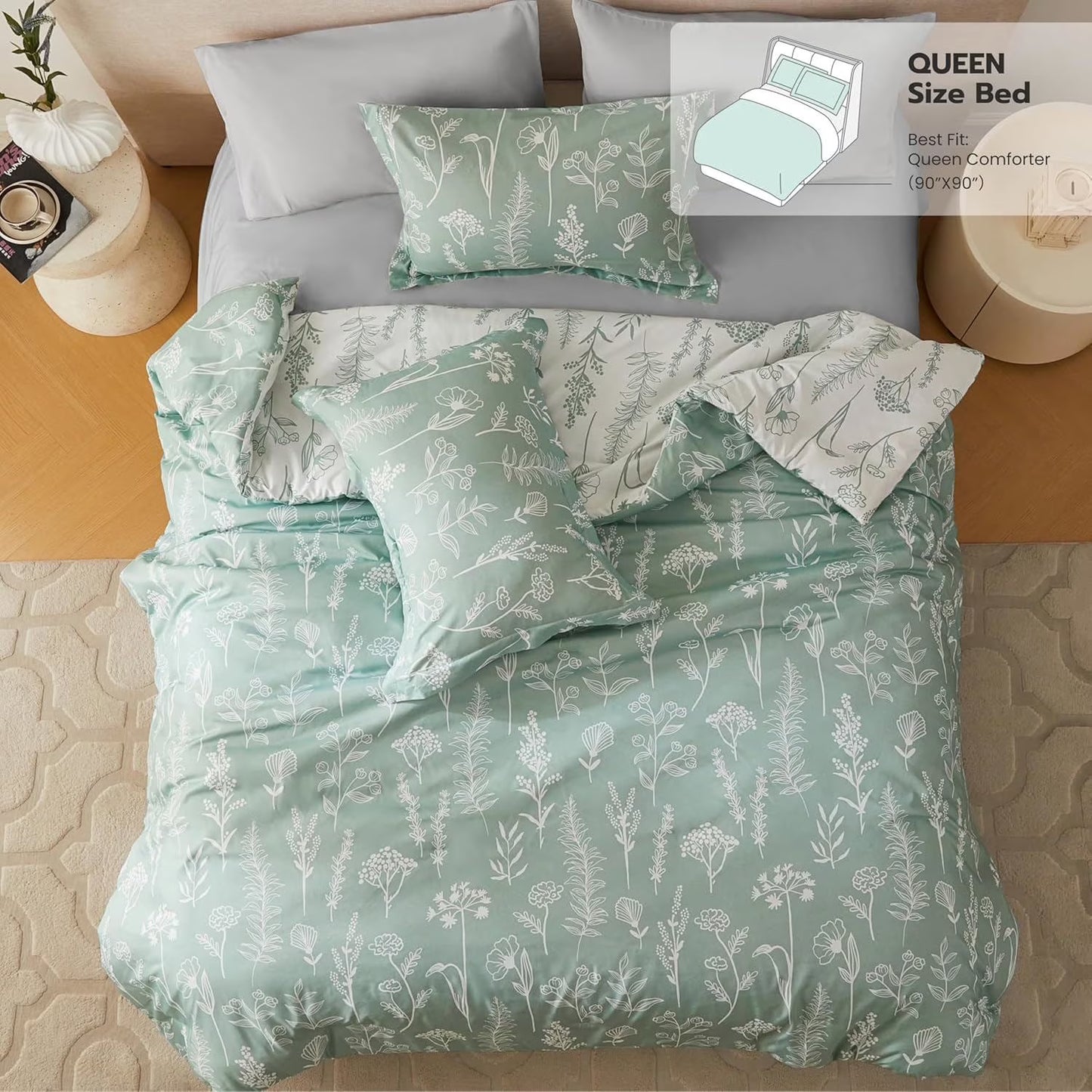 Joyfy King Size Comforter Set 3-Piece, Reversible Floral Botanical Design with 2 Pillow Shams, Sage Green All Seasons Bed in a Bag