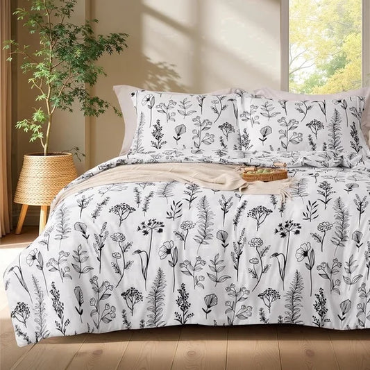 Joyfy King Size Comforter Set White, 3 Pieces Floral King Bedding Set with 1 Soft Reversible Botanical Comforter and 2 Pillow Shams, Bed in a Bag for All Seasons