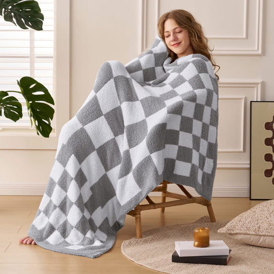 Joyfy Light Grey Checkered Knitted Throw Blanket 50x70 Inches, Cozy Soft Throw for Couch, Bed, Sofa - Cute Aesthetic Room Decor and Gift for Women, Mom, Girls, Mothers Birthday