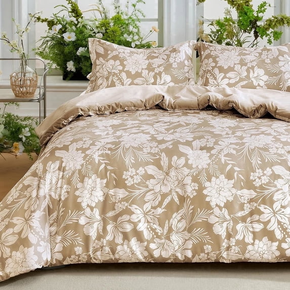 Joyfy Queen Comforter Set Beige, 3 Pieces Floral Queen Bedding Set with 1 Soft Reversible Botanical Flower Comforter and 2 Pillow Shams, Bed in a Bag for All Seasons (5.0) | 1 rating