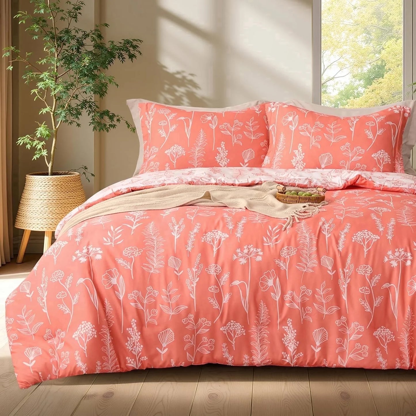 Joyfy Queen Comforter Set Coral Orange, 3 Pieces Floral Queen Bedding Set with 1 Soft Reversible Botanical Comforter and 2 Pillow Shams, Bed in a Bag for All Seasons
