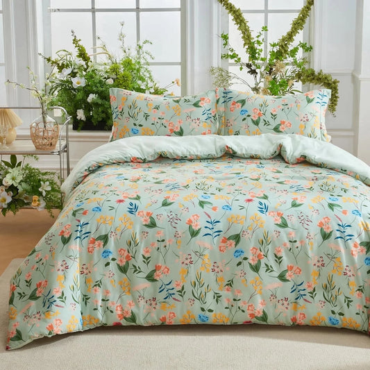Joyfy Queen Comforter Set Light Green, 3 Pieces Floral Queen Bedding Set with 1 Soft Reversible Flower Comforter and 2 Pillow Shams, Bed in a Bag for All Seasons