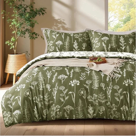 Joyfy Queen Comforter Set Olive Green, 3 Pieces Floral Queen Bedding Set with 1 Soft Reversible Botanical Comforter and 2 Pillow Shams, Bed in a Bag for All Seasons
