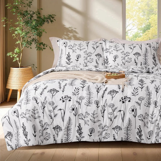 Joyfy Queen Comforter Set White, 3 Pieces Floral Queen Bedding Set with 1 Soft Reversible Botanical Comforter and 2 Pillow Shams, Bed in a Bag for All Seasons