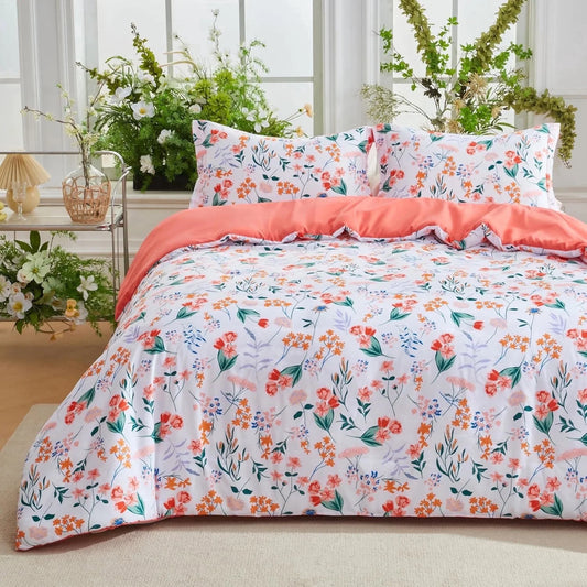 Joyfy Queen Comforter Set White, 3 Pieces Floral Queen Bedding Set with 1 Soft Reversible Flower Comforter and 2 Pillow Shams, Bed in a Bag for All Seasons