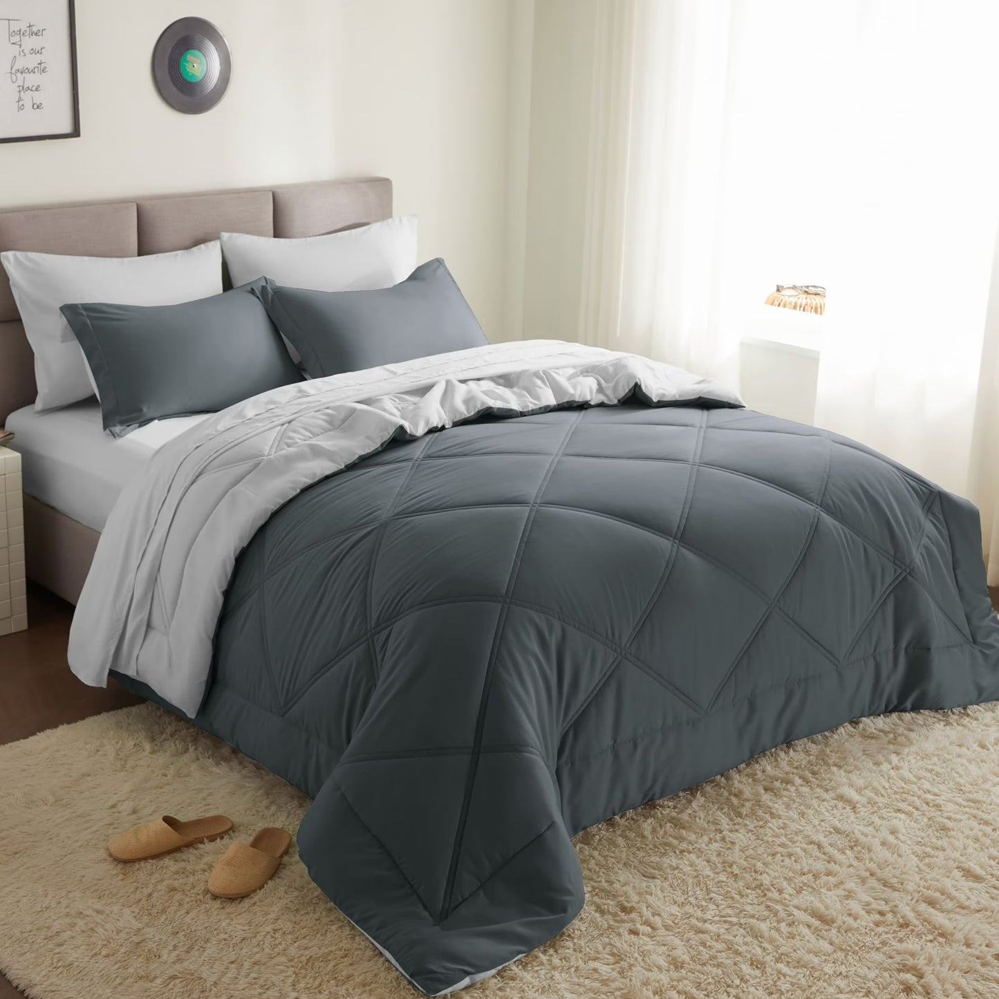 Joyfy Queen Size Bed Set 7-Piece, Dark Grey All Seasons Bed in a Bag with Down Alternative Comforter, Sheets & Pillow Shams