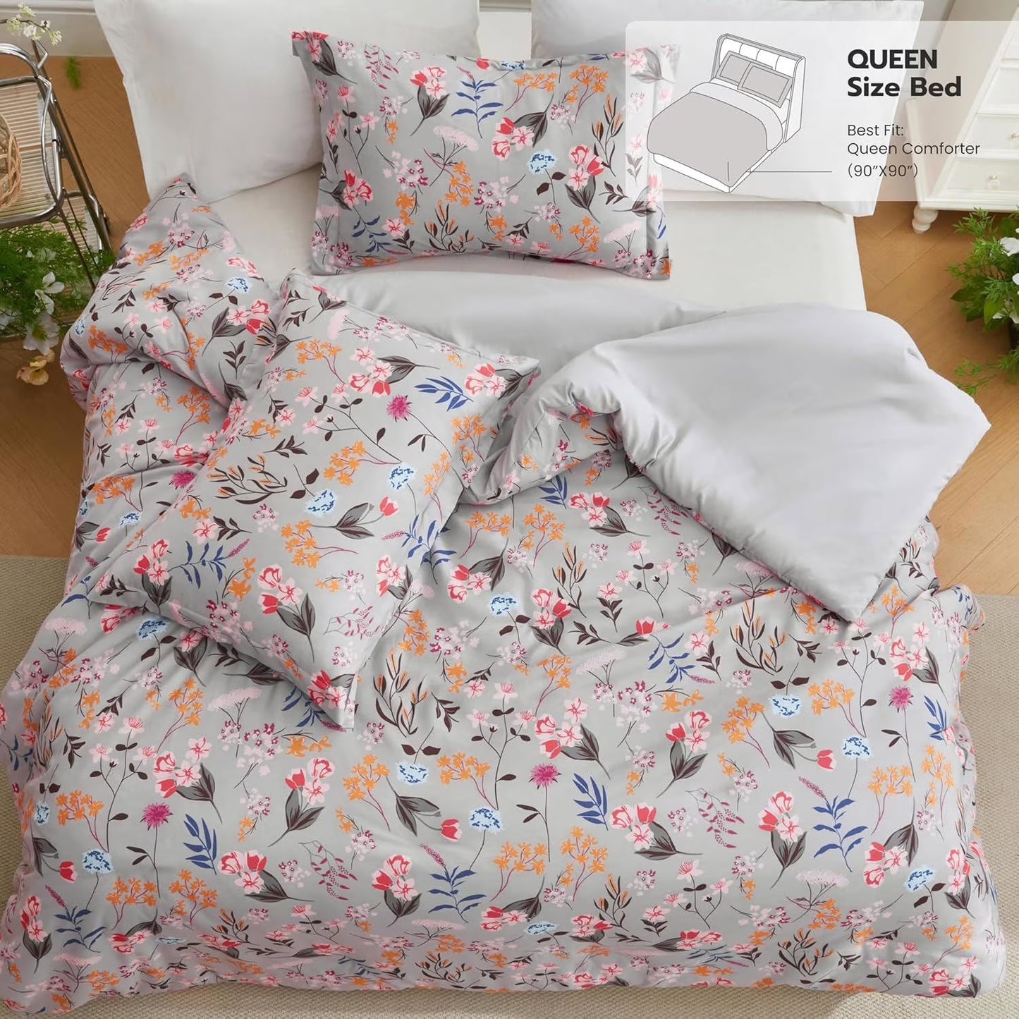 Joyfy Queen Size Comforter Set 3-Piece, Reversible Floral Botanical Design with 3 Pillow Shams, Sage Green All Seasons Bed in a Bag