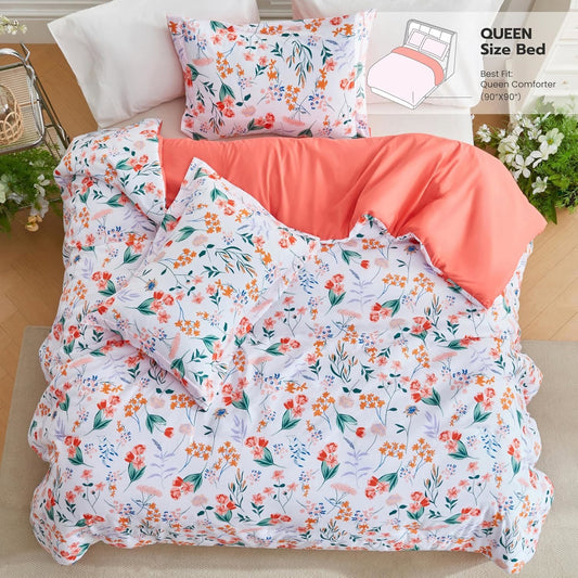 Joyfy Queen Size Comforter Set 3-Piece, Reversible Floral Botanical Design with 4 Pillow Shams, Sage Green All Seasons Bed in a Bag