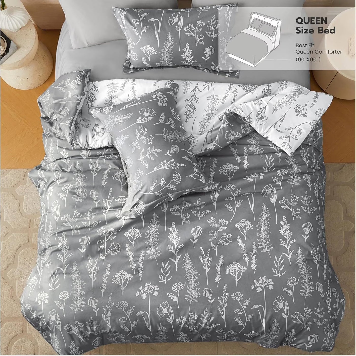 Joyfy Queen Size Comforter Set 3-Piece, Reversible Floral Botanical Design with 4 Pillow Shams, Sage Green All Seasons Bed in a Bag