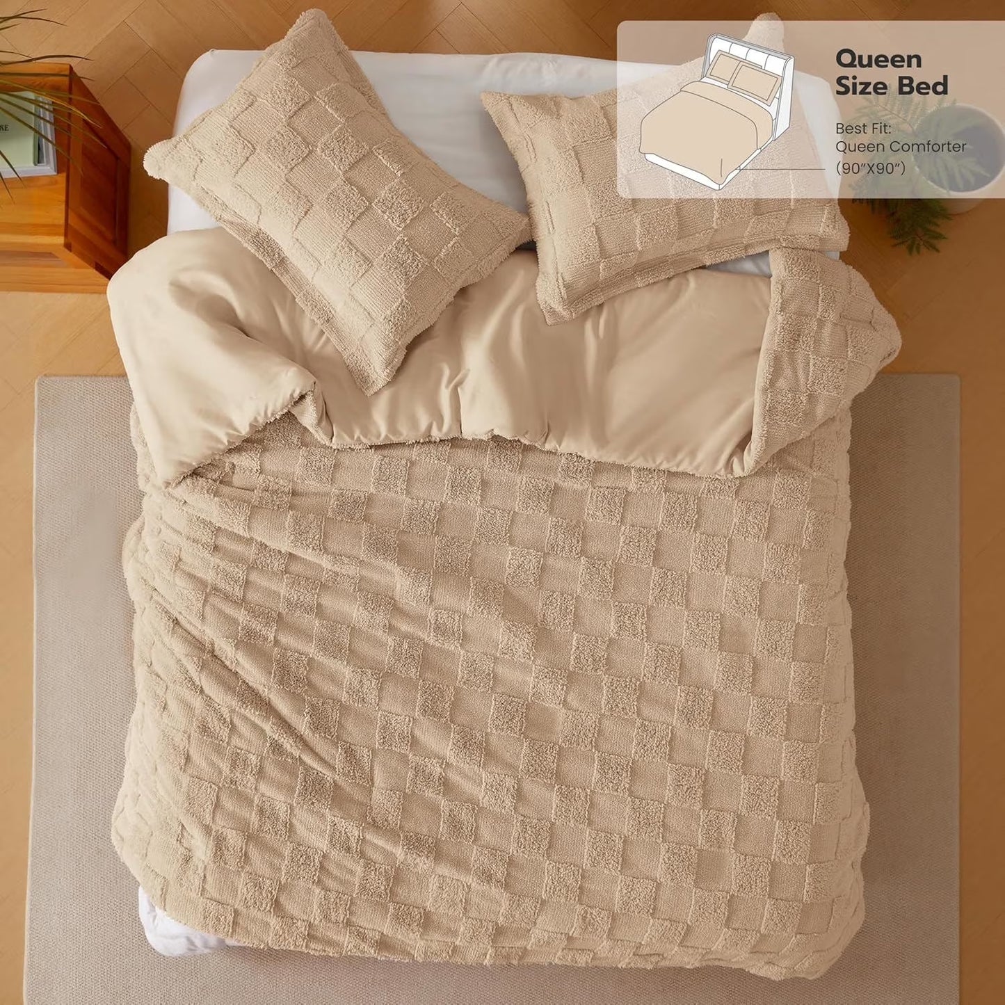 Joyfy Queen Size Comforter Set 3-Piece, Tufted Boho Plaid Geometric Design with 3 Pillow Shams, Coral Pink Checkered All Seasons Bed in a Bag