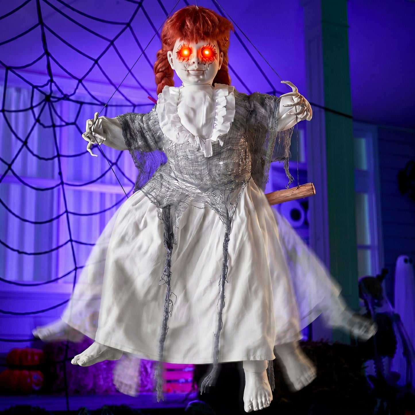 Joyfy Hanging Swinging Ghost Girl Animatronic Halloween Decor, Spooky White Doll with Light Up Eyes & Creepy Activated Sounds,Outdoor Scary Prop for Yard Haunted House