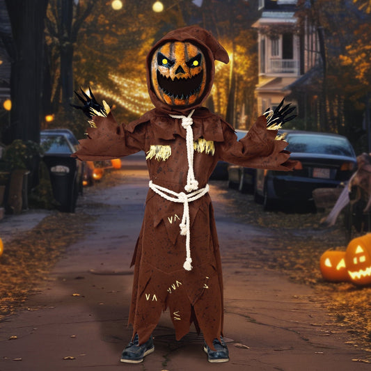 Joyfy Scary Scarecrow Pumpkin Costume for Kids, Pumpkin Costume for Boys，Scarecrow Halloween Costume with Pumpkin Mask for Toddler Halloween Fancy Dress Cosplay 5-10 Years