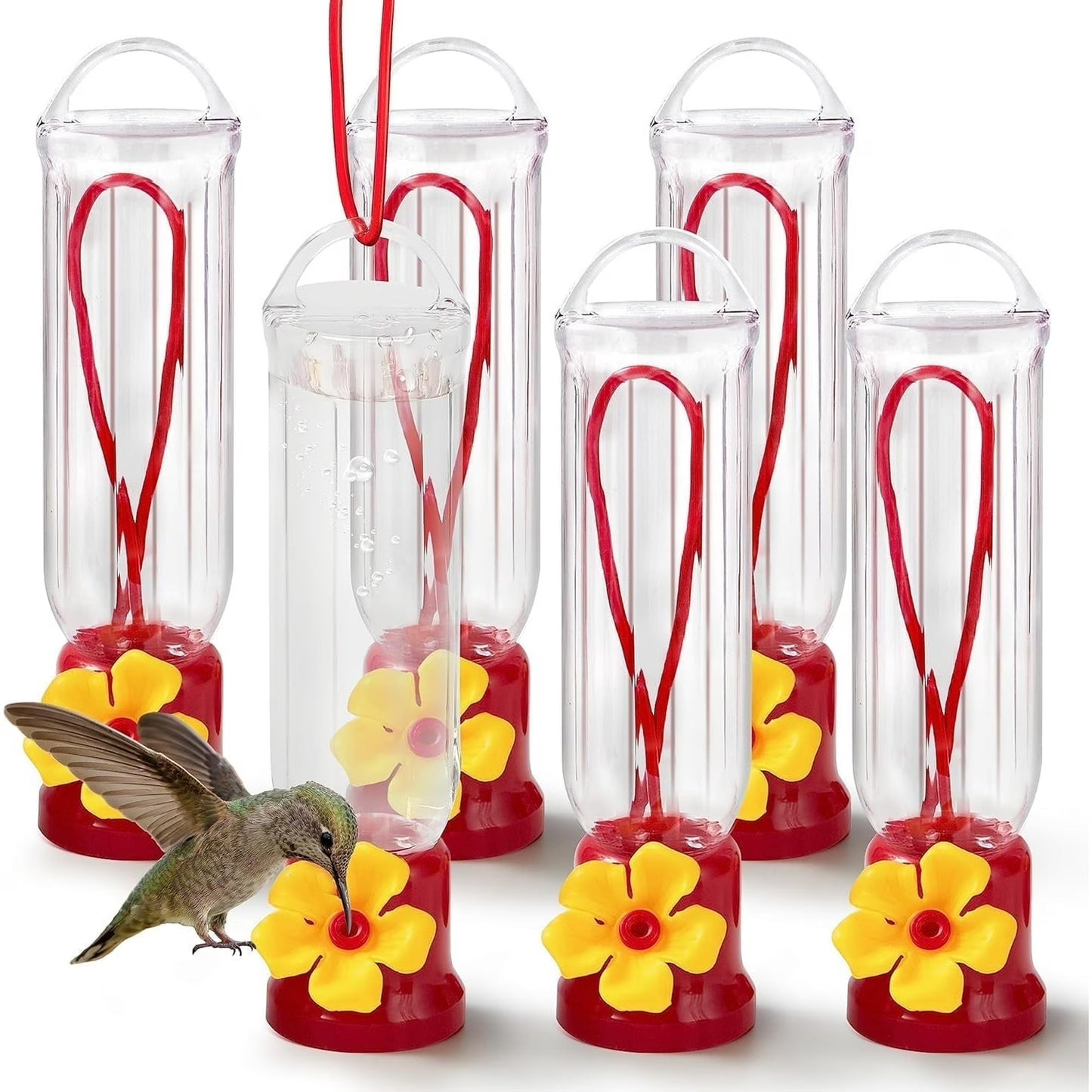 Joyfy Set of 6 Mini Hummingbird Feeders with Hanging Wires, Transparent Outdoor Humming Bird Feeder Set with 3 Cleaning Brush for Patio, Outside, Lawn, Backyard, Garden, Easy to Clean
