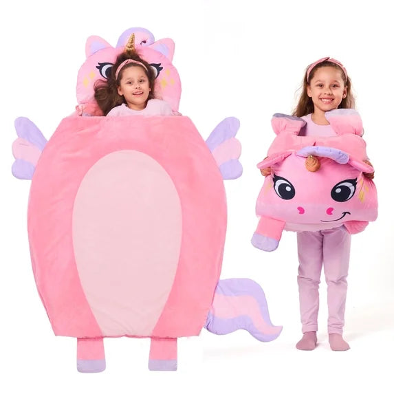 Joyfy Soft Plush Kids Sleeping Bag 60" x 39" with Pillow & Blanket, Toddler Nap Mat for Ages 3+ - Preschool Gift for 4-6 Year Old Girls and Boys