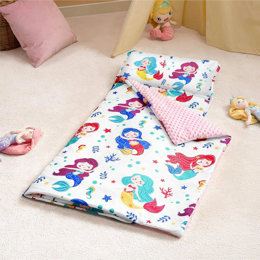 Joyfy Toddler Sleeping Bag for Kids 55"x30" Nap Mat with Removable Pillow and Minky Blanket for Ages 3-7, Soft Roll Up for Boys Girls Kindergarten Daycare Sleepover