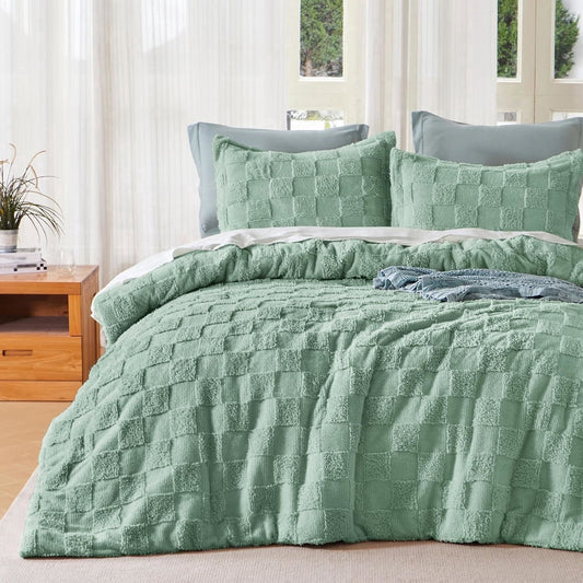 Joyfy Tufted King Size Comforter Set, 3 Pieces Sage Green Boho King Bedding Set with 1 Plaid Geometric Comforter and 2 Pillow Shams, Checkered Bed in a Bag for All Seasons