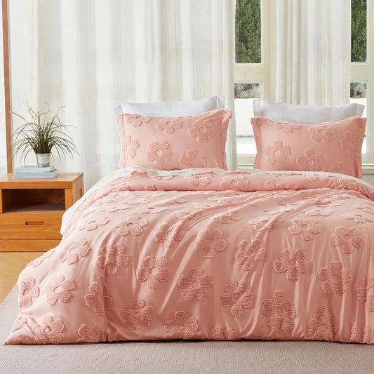 Joyfy Tufted Queen Comforter Set, 3 Pieces Pink Boho Queen Bedding Set with 1 Boho Flower Comforter and 2 Pillow Shams, Bed in a Bag for All Seasons