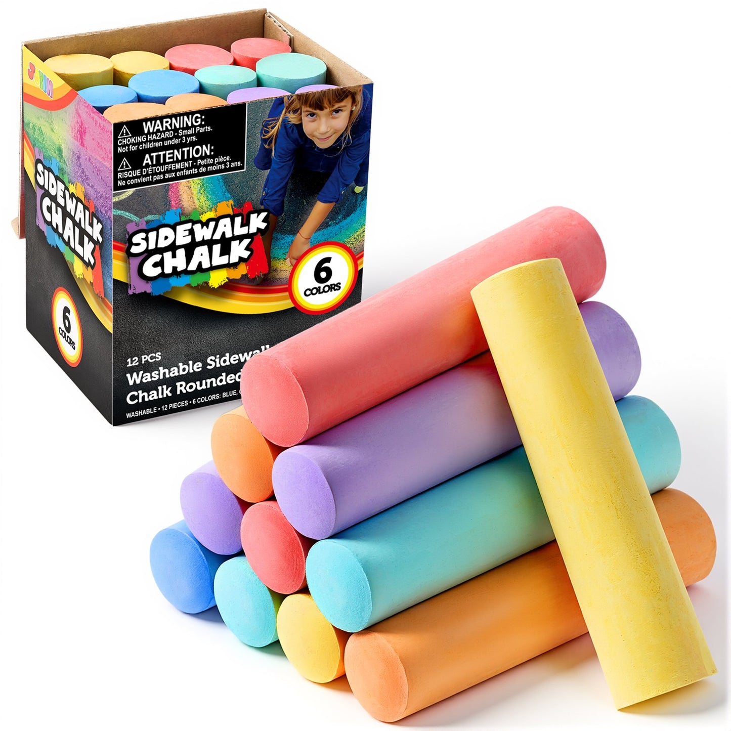 Joyfy Washable Sidewalk Chalk Rounded 6 Colors, 12 Pcs