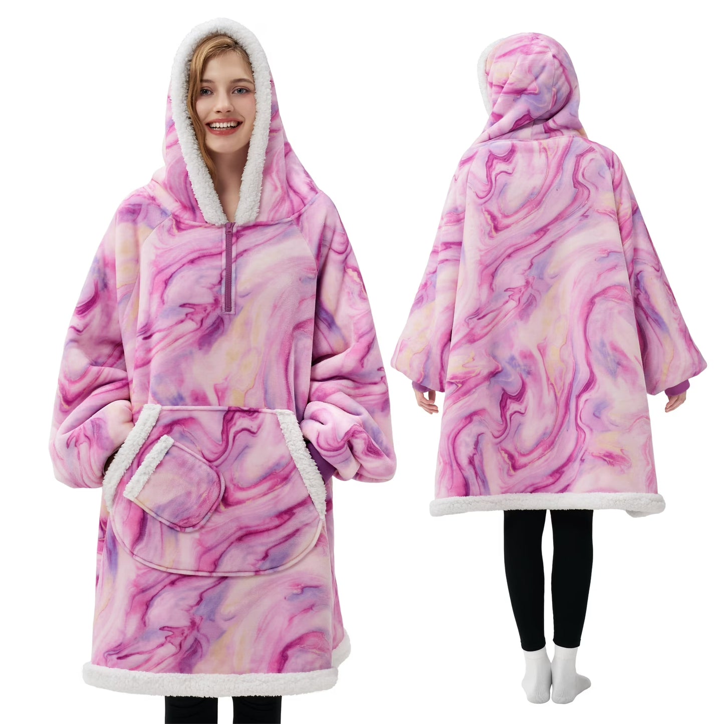 Joyfy Wearable Blanket Hoodie for Adults, Giggling Getup Sherpa Fleece Hooded Sweatshirt with Pocket & Sleeves, Warm Cozy Printed Gift for Women & Teens,Standard Purple Texture Pattern