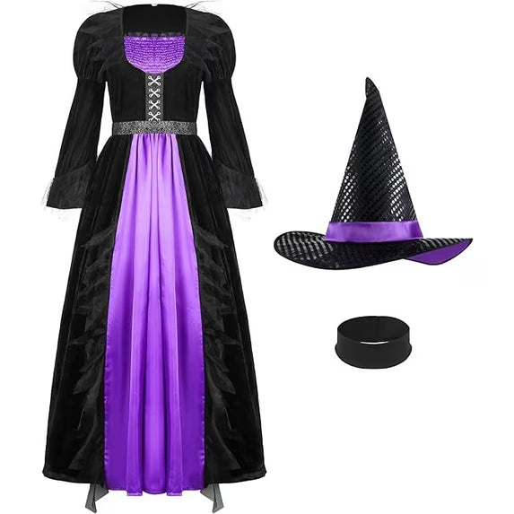 Joyfy Witch Costume Outfit for women, Halloween Costume with Witch Dress Hat Witch Accessories for Cosplay