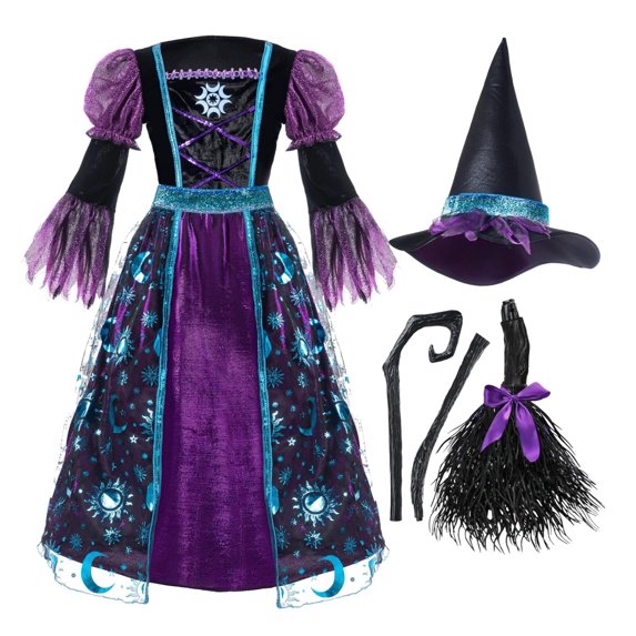Joyfy Witch Costume for Girls, Halloween Witch Dress with Broom Hat, Kids Moon Shimmer Witch Costume Set for Wizard Role Play Themed Parties