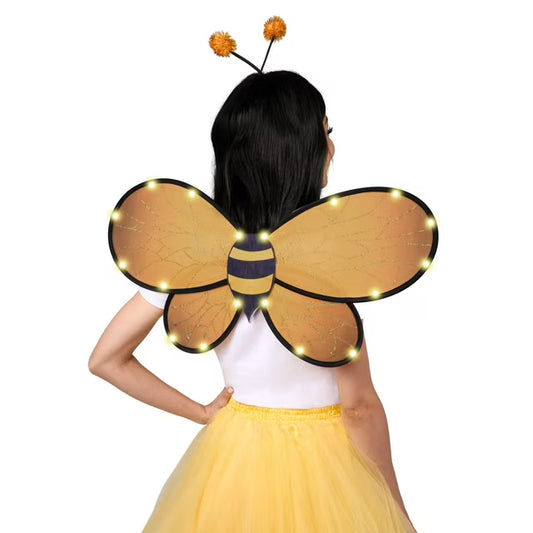 Joyfy Yellow Bumble Bee Wings Costume Accessories, Light Up Bee Wings and Bee Antenna Headband Set for Women, Girls, Halloween Animal Costume Cosplay Party Favors