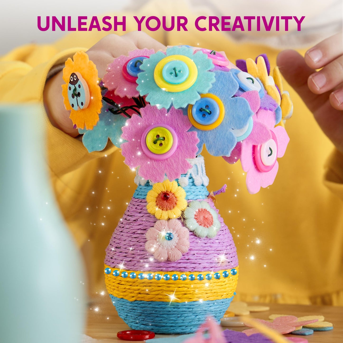 Klever Kits Button Flower Craft with 2 Vases - Make Your Own Flower Bouquet with Button and Felt - DIY Flower Kits Art and Crafts Gift for Birthday