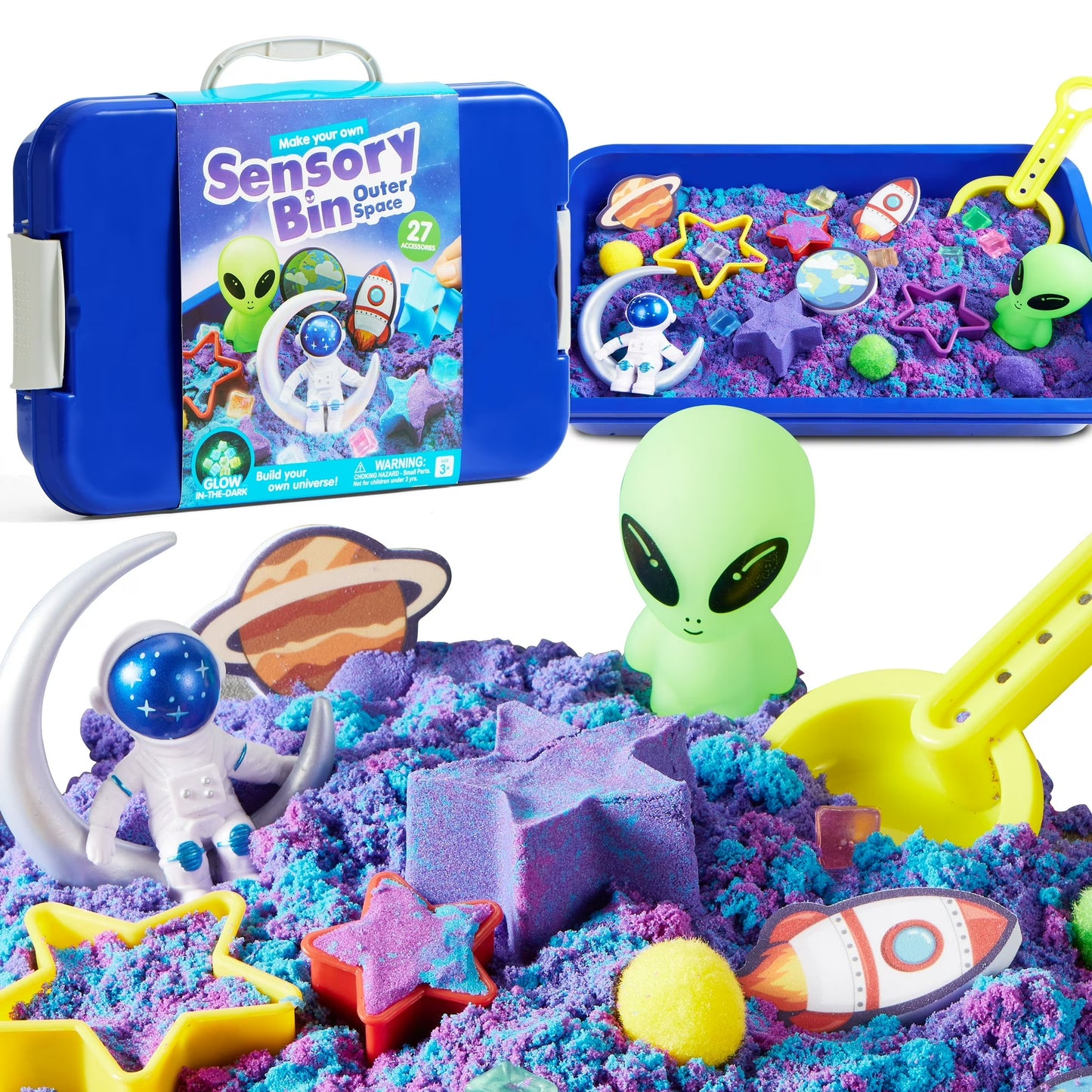 Klever Kits Sensory Bin, Outer Space Themed with Glow-in-The-Dark Alien Figure, Play Sand Toy Gifts for Boys Girls Age 3+