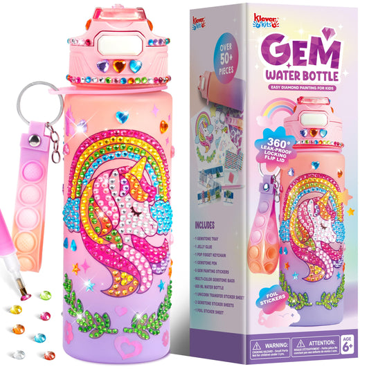 Joyfy Unicorn DIY Water Bottle Art and Craft Kit ,20 oz Girl's Water Bottle with Gem Stickers