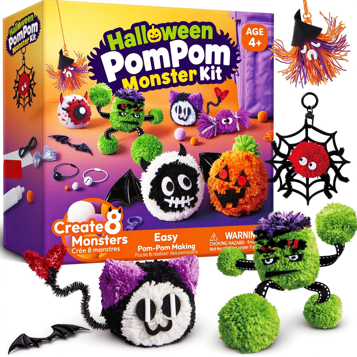 KLEVER KITS Halloween Pom Pom Monster Kits- DIY Plush Backpack Keychains, Pom Pom Crafts for Kids Aged 4+ Kid Felt Kits, Arts & Crafts for Boys Girls Birthday Party Gift Toy