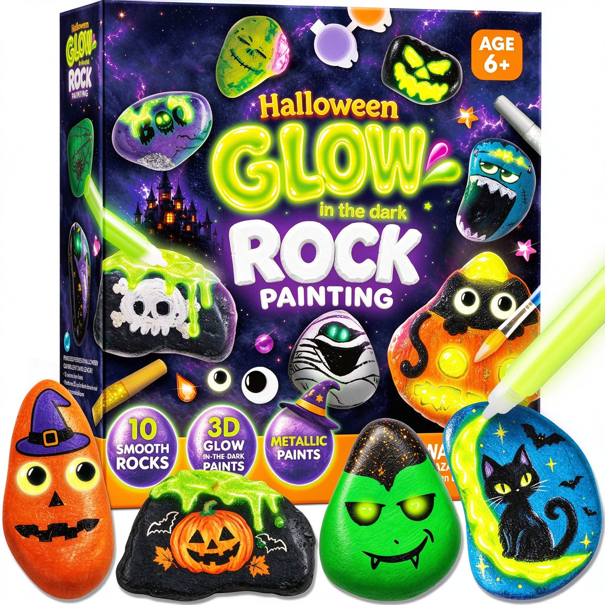 Joyfy 10pcs Halloween Rock Painting for Kids, Glow in the Dark Rock Painting Arts and Crafts Kit, Creative gift for Kids Ages 6+