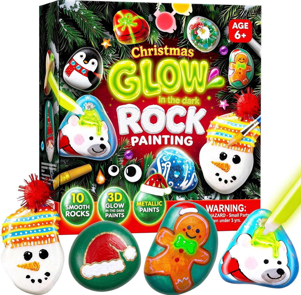 Joyfy Christmas Rock Painting Craft Kit, DIY Rock Painting Set with Glow-in-the-Dark & Metallic Paints, Holiday Arts and Crafts Gift for Kids Ages 6-12