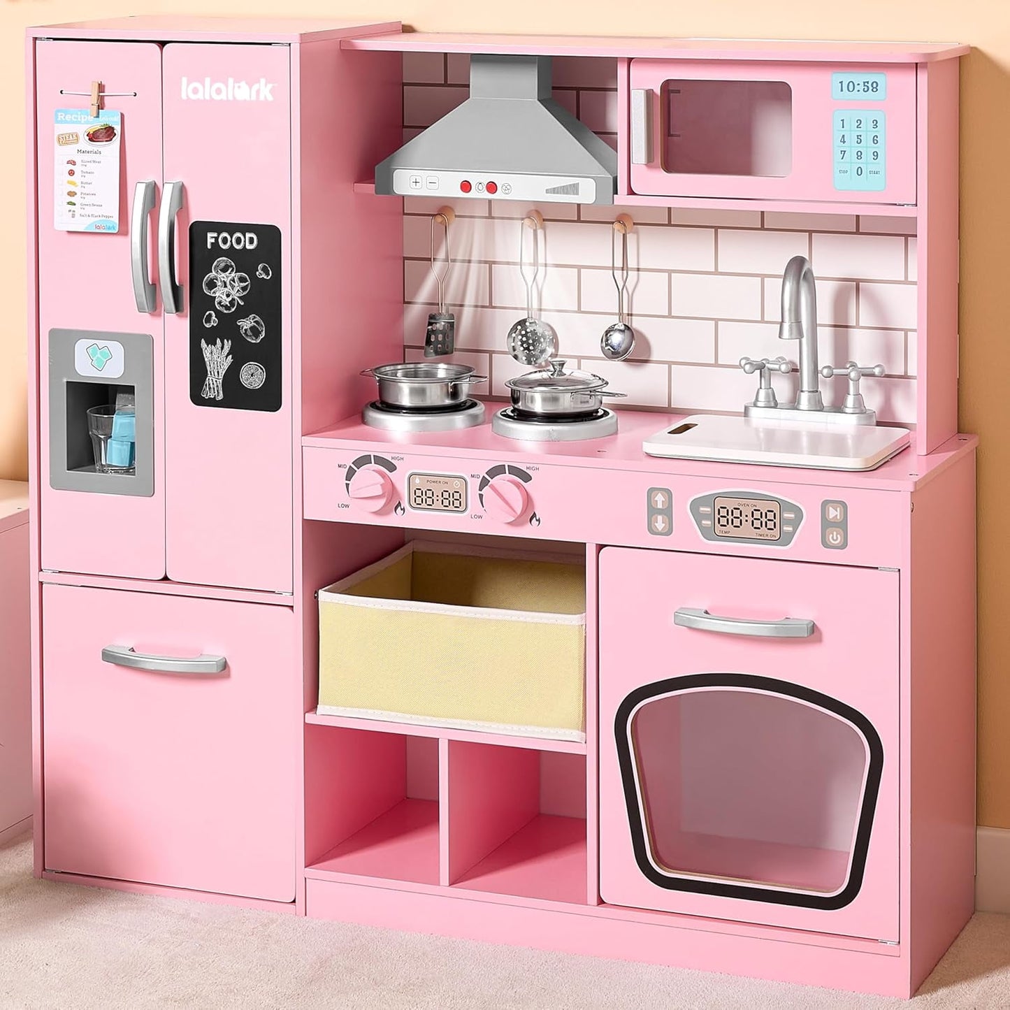 lalalark Pink Play Kitchen Set for Girls Wooden Toy with Light, Sound, Fridge, Ice Maker, Pretend Play Furniture with Storage, Gift for Kids Christmas