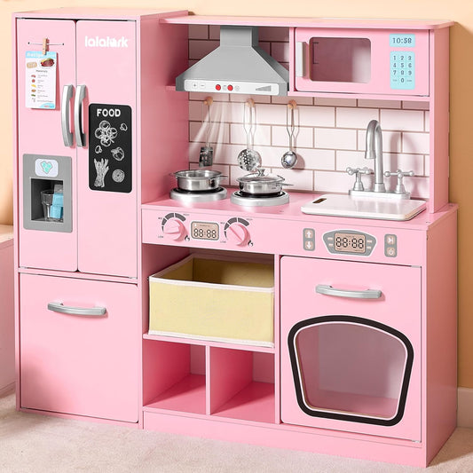 lalalark Pink Play Kitchen Set for Girls Wooden Toy with Light, Sound, Fridge, Ice Maker, Pretend Play Furniture with Storage, Gift for Kids Christmas
